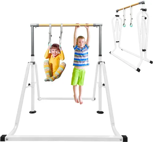 Miniatura 19 de GLANT Barra de gimnasia para niños con juego de anillos, 7 alturas ajustables, fácil de plegar, barra de entrenamiento de gimnasia para niños