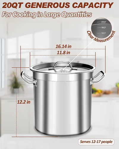 Miniatura 7 de Olla de 20 cuartos de galón - Olla de acero inoxidable con tapa – Olla de cocina resistente para sopa, guisado, pasta – Uso comercial y doméstico