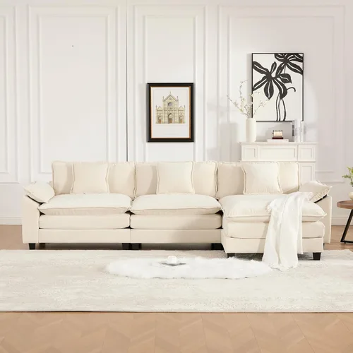 Miniatura 3 de Sofá seccional modular beige de 117.3", sofás seccionales grandes de 3 plazas para sala de estar, sofá nube oversized de tela chenille con otomana
