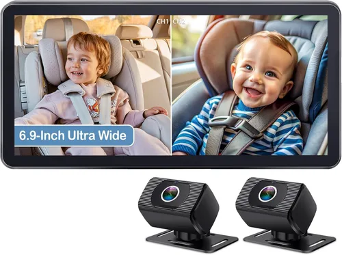 Cámara de Coche para Niños de 2 Yakry para Asiento: Pantalla Ultrawide de 6.9 Pulgadas con Dos Cámaras Orientadas hacia Atrás - Cámara Trasera USB