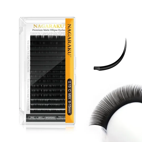NAGARAKU Extensiones de pestañas elipse con puntas abiertas planas, pestañas individuales de 0.006 in, rizo C, bandeja de mezcla de 0.315-0.591 in,