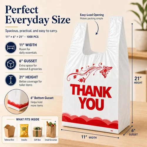 Miniatura 3 de YoYoRain 1000 piezas de bolsas de camiseta blancas "Thank You" – Bolsas de compras reutilizables y desechables para comestibles y supermercado