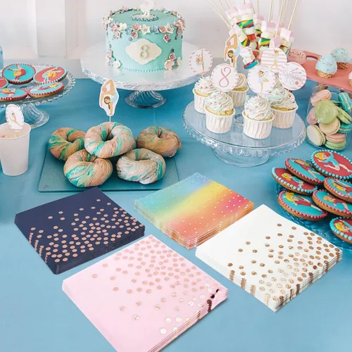 Miniatura 6 de Servilletas de fiesta azules de 13 x 13 pulgadas, servilletas de bebidas azules y doradas, 100 servilletas de papel de cóctel con puntos dorados