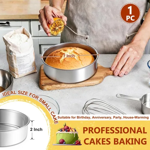 Miniatura 2 de P&P CHEF Molde para pasteles de 7 pulgadas, 1 bandeja redonda para hornear pasteles, de acero inoxidable, para cocinar al vapor, no tóxico