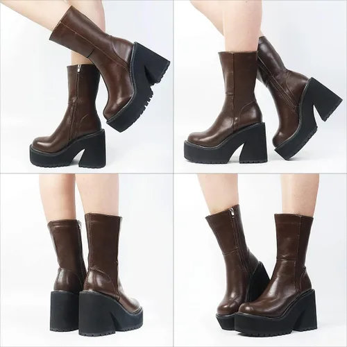 Miniatura 3 de Goiphrri Botas de tobillo de plataforma para mujer, tacón alto, punta redonda, botas de combate de trabajo, punk, botas de motocicleta, botas