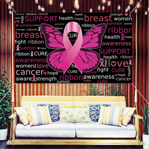 Miniatura 2 de Cartel de fondo de concientización sobre el cáncer de mama con 70.8 x 43.3 pulgadas, pancarta de cinta rosa con texto en inglés "Hope Faith