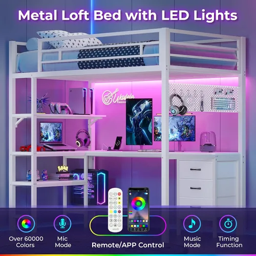 Miniatura 4 de ADORNEVE - Cama alta de tamaño individual con escritorio en forma de L, luces LED, estación de carga, cama alta de metal de tamaño individual