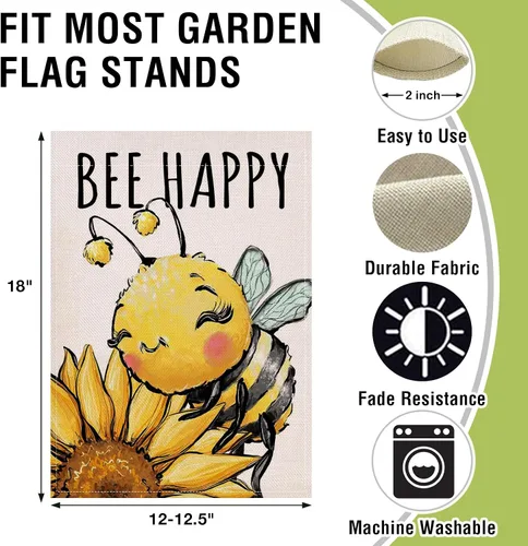 Miniatura 2 de Artofy Bandera decorativa pequeña para jardín de primavera y verano con diseño de abejorros y girasoles, flor feliz de abeja, decoración exterior