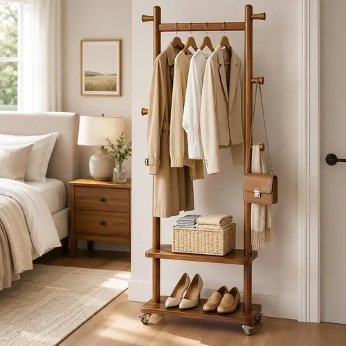 Miniatura 14 de Estante de abrigos de madera maciza independiente con ruedas y 2 estantes de almacenamiento y 5 ganchos, estante de ropa resistente, árbol de Madera