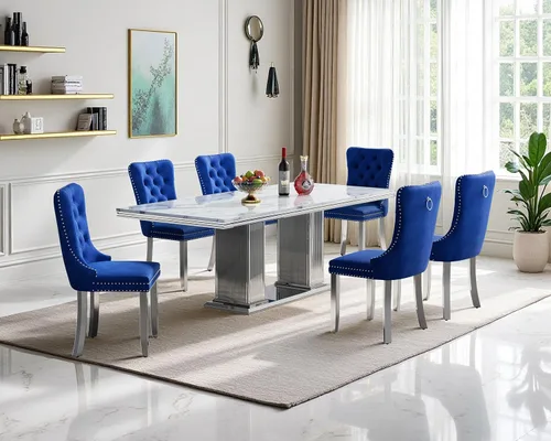 Miniatura 23 de Henf Juego de mesa de comedor de mármol sintético de 68 pulgadas para 6, juego de mesa de comedor de 7 piezas con 6 sillas copetudas de terciopelo