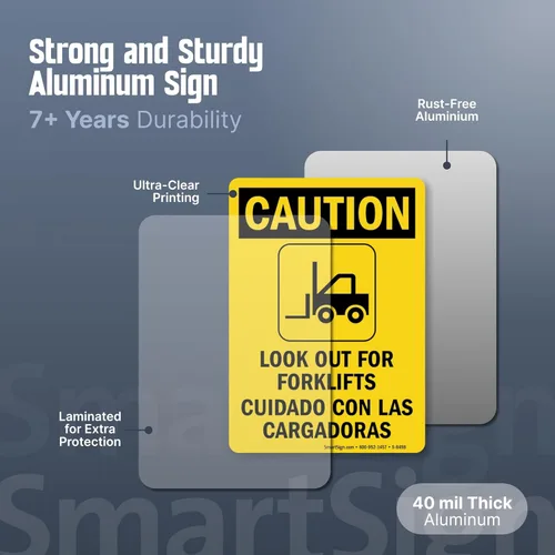 Miniatura 2 de SmartSign - S-8498-AL-14 Letrero bilingüe "Precaución - Cuidado con las carretillas elevadoras" Aluminio de 10" x 14