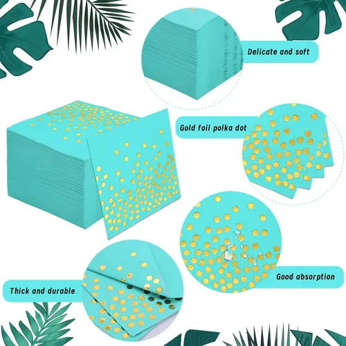Miniatura 3 de 100 servilletas de cóctel color verde azulado – servilletas de papel verde azulado y dorado desechables – Servilletas turquesa para cumpleaños