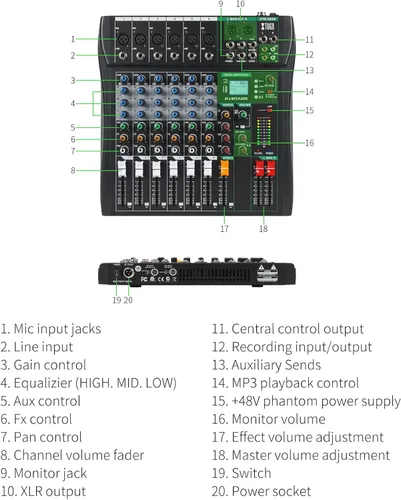 Miniatura 8 de XTUGA Mezclador de Audio de 6 Canales, Tablero Mezclador de Sonido, Interfaz de Audio, Consola Mezcladora para DJ, Podcast, Estudio, Karaoke, Equipo