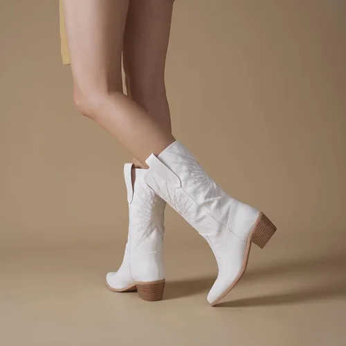 Miniatura 3 de olomisa Botas vaqueras para mujer, botas metálicas bordadas con punta puntiaguda, tacón grueso, botas vaqueras de media pantorrilla