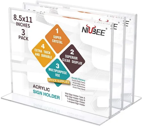 NIUBEE Soporte acrílico para letreros de 8.5 x 11 pulgadas, paquete de 3 marcos transparentes horizontales, en forma de T, soporte de exhibición de