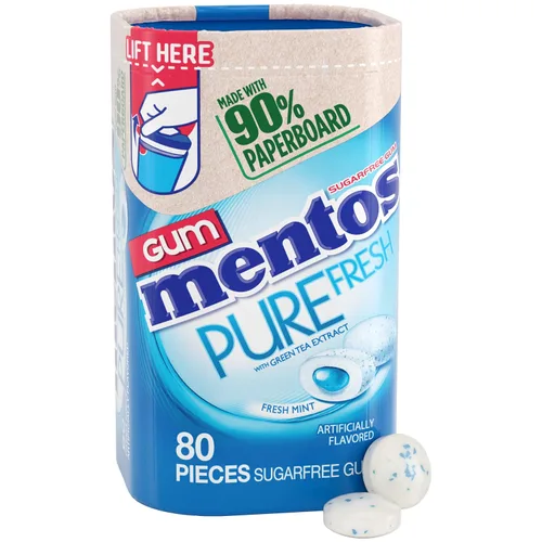 Mentos Goma de mascar pura y fresca sin azúcar de menta fresca con edulcorante de xilitol, botella de cartón, 80 piezas