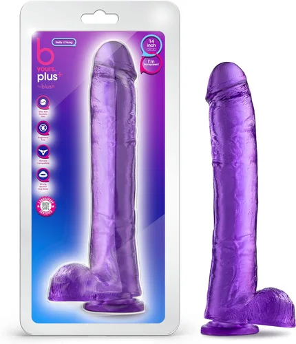 Blush B Yours Plus Hefty n' Hung - Consolador realista de 14 pulgadas de ancho, grueso, suave, realista, con bolas, ventosa fuerte, vagina con