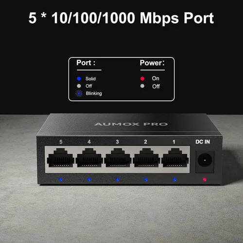 Miniatura 2 de Conmutador Ethernet Gigabit no administrado de 5 puertos, concentrador de red AUMOX PRO Home, divisor Ethernet de oficina, Plug-and-Play