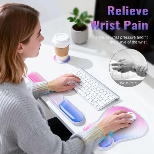 Miniatura 5 de Ospelelf Juego de alfombrilla de mouse con reposamuñecas de gel ergonómico para teclado, soporte de muñeca con parte inferior de goma Rosa y azul