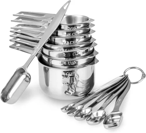 Juego de tazas y cucharas medidoras de 13 piezas, acero inoxidable 18/8, mango ergonómico resistente con conector de anillo, color plateado