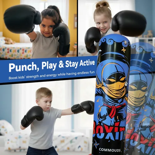 Miniatura 6 de COMMOUDS Saco de boxeo de 67 pulgadas para niños, juego de boxeo inflable con guantes, saco de boxeo de rebote rápido para practicar karate