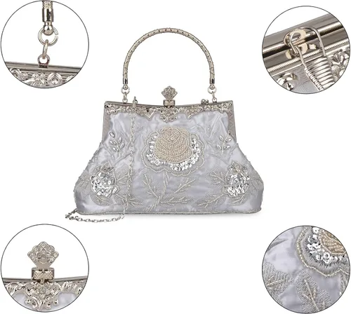 Miniatura 8 de BAGLAMOR Bolso de noche con lentejuelas de estilo vintage para mujer (plata)