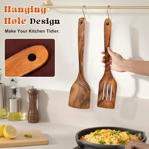 Miniatura 4 de Juego de 2 espátulas de madera, espátula turner sólida y ranurada de acacia, espátulas planas de freír con mango largo, regalo de cocina ideal