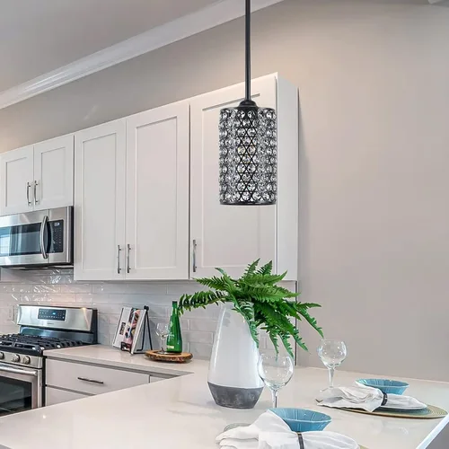Miniatura 5 de Paquete de 2 lámparas colgantes de cristal para isla de cocina, moderna y concisa, acabado negro con pantalla de metal de placa de cristal para bar