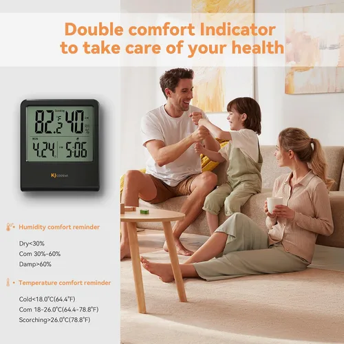 Miniatura 5 de Termómetro de interior, termómetro de habitación y higrómetro con reloj, medidor de temperatura y humedad con reloj, indicador doble de confort