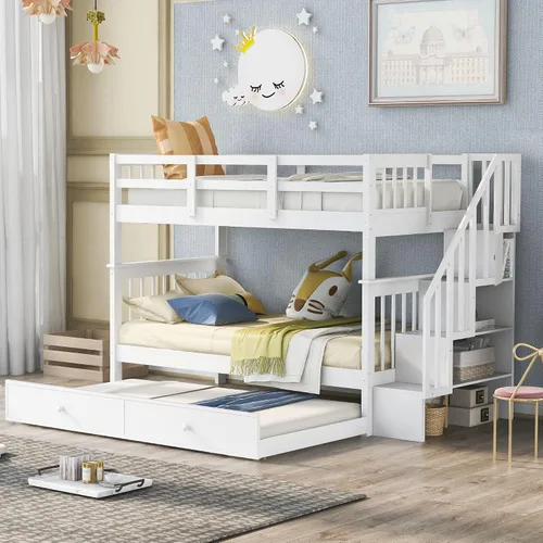 Miniatura 26 de Harper&Bright Designs - Litera individual sobre individual con barandilla de seguridad, escalera, cama nido individual con 3 cajones para niños