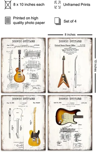 Miniatura 2 de Arte de pared de guitarra, icónico vintage, juego de póster con estampado de patente, regalo para fanáticos de la música, músico, guitarrista