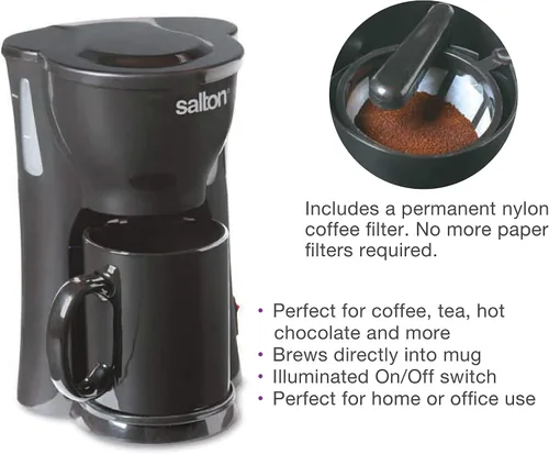 Miniatura 5 de Salton Mini cafetera compacta de goteo de 1 taza con filtro de malla reutilizable para granos de café, se adapta a una variedad de tamaños de taza