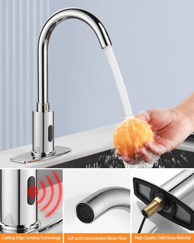 Miniatura 5 de Grifo de fregadero de baño y cocina sin contacto con sensor de movimiento automático público comercial con placa de cubierta y mezclador
