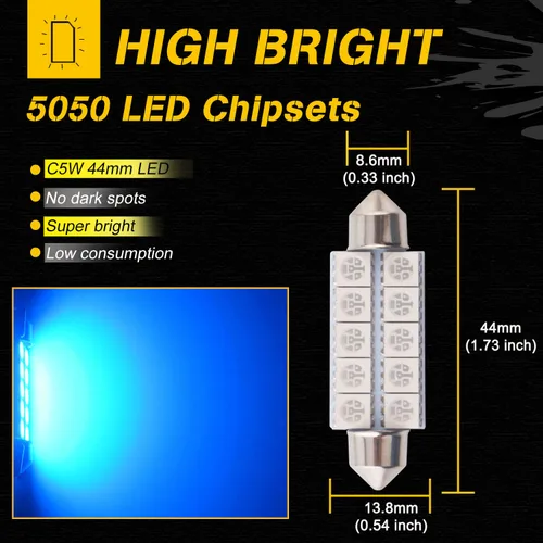 Miniatura 7 de Qasim 578 212-2 Bombilla LED 44mm Azul Festón 10-SMD 5050 LED Luces Interiores de Techo y Maletero 211-2 579 214-2 569 6411 Bombilla LED 12V DC