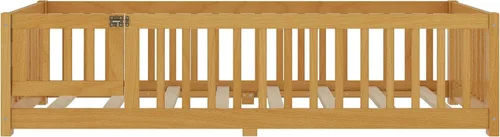 Miniatura 8 de SOFTSEA Montessori - Cama con puerta y barandillas, marco de cama baja de madera maciza con valla, no necesita somier, natural