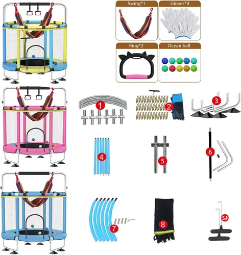 Miniatura 6 de Trampolín para niños, cama elástica completa antioxidante de 440 libras para interiores y exteriores con red, trampolín ajustable de 55 pulgadas