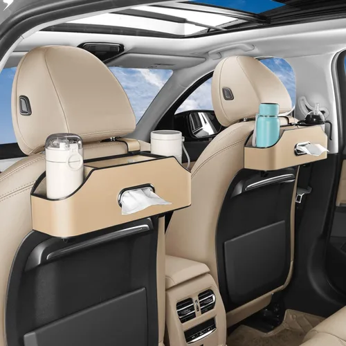 Miniatura 3 de HOLDCY Organizador de asiento trasero de automóvil con 2 portavasos para bebidas, caja de pañuelos y gancho para caja de almacenamiento, Beige
