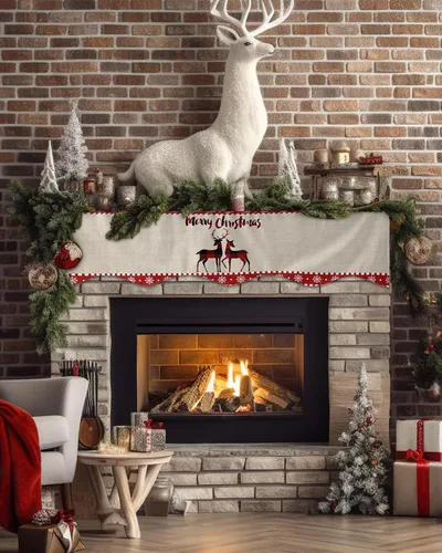 Miniatura 2 de Bufanda de manto de 60 x 17 pulgadas, diseño de cuadros rojos de búfalo a cuadros, alce de Navidad, chimenea, cubierta de mantel para Navidad