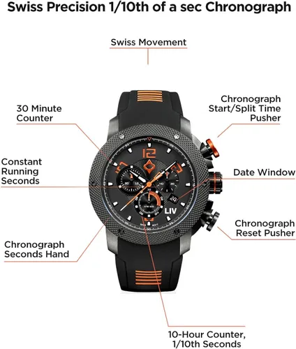 Miniatura 6 de LIV GX1 - Reloj clásico resistente con cronógrafo suizo de 177 pulgadas 316L SS 3D multicapa con fecha rápida resistente a los arañazos resistente