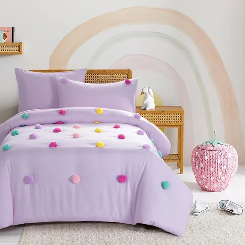 HOMBYS - Juego de colcha con pompones para niñas, 5 piezas, estilo bohemio, para todas las estaciones, tamaño individual/individual XL, color púrpura