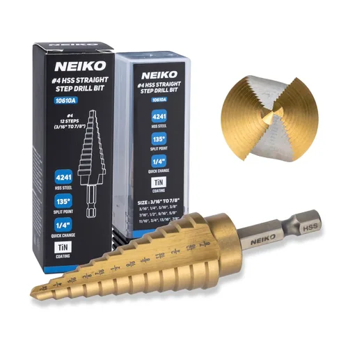 Miniatura 12 de NEIKO 10602A Step Drill Bit, 13 Steps 1/8" to 1/2" Spiral High Speed Steel, Titanium Nitride Coated, 1/4" Quick Change Step Bits for Steel, Metal