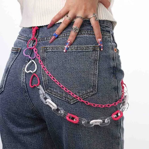 Bomine Lindos pantalones de mezclilla con cadena llavero en capas colgantes de color rosa con diseño de corazón con bolsillo cadena hiphop roca