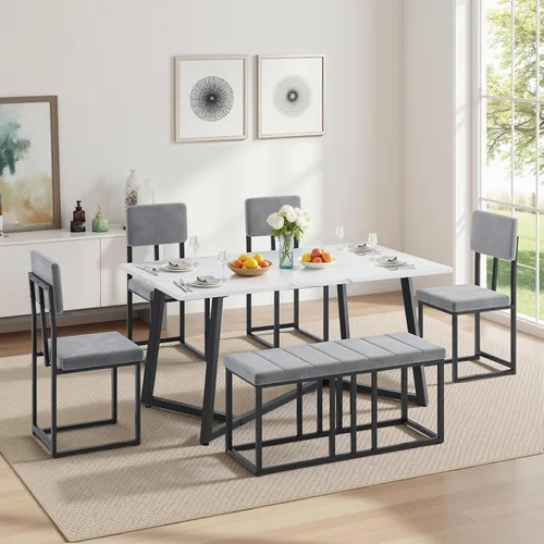 Miniatura 9 de Juego de mesa de comedor de 5 piezas para 4, mesa de cocina de mármol sintético de 47.24 pulgadas con 4 sillas tapizadas de lino, juego de mesa