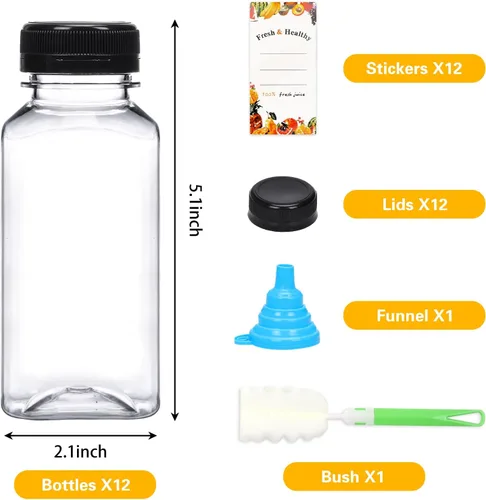 Miniatura 2 de Moretoes 12 botellas de plástico para jugo de 8 onzas con tapas, botellas de agua reutilizables vacías transparentes, recipientes desechables