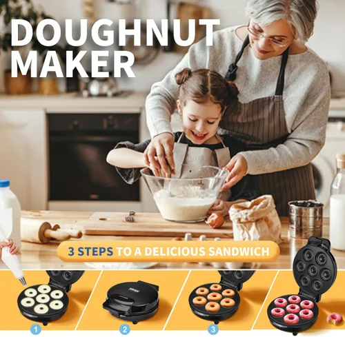 Miniatura 4 de DSP Mini máquina para hacer donas - Eléctrica con superficie antiadherente y toque frío para mini donas - Perfecta para desayunos, aperitivos