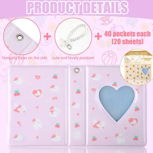 Miniatura 4 de CCINEE Juego de 2 portatarjetas Kpop para tarjetas fotográficas, mini álbum de fotos Kpop con colgante de cristal y lindas calcomanías, corazón