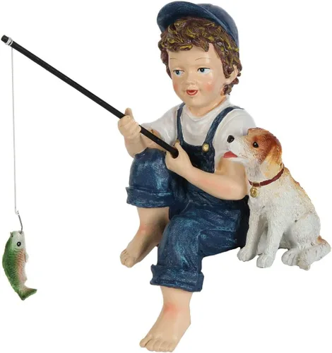 Lily's Home Estatua de perro y niño de pesca de 11 pulgadas – Decoración de jardín de resina para exteriores – Decoración para exteriores y jardín –