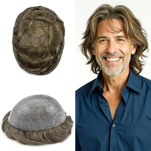 Miniatura 53 de Extensiones de pelo tipo tupé para hombre, sistema de reemplazo de cabello humano virgen 100% europeo, piel fina y duradera, inyección completa