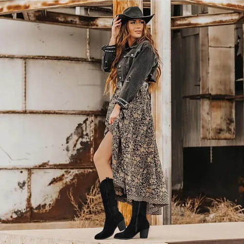 Miniatura 2 de SHIBEVER Botas vaqueras para mujer 2025 botas vaqueras a media pantorrilla con bordado occidental de tacón alto y punta puntiaguda