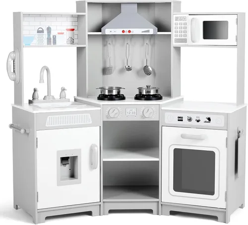 JOYLDIAS Cocina de juego para niños, juego de juguetes de cocina de esquina de madera para niños pequeños, luces y sonidos realistas, horno Blanco